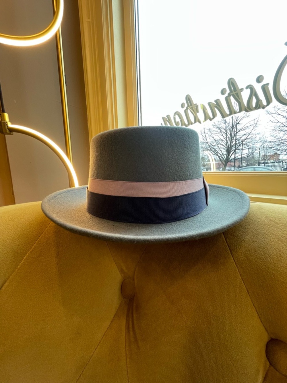 Gray Felt Porkpie Hat with Lavender Ribbon and Decorative Silver Spoon - Picture 3 of 4
